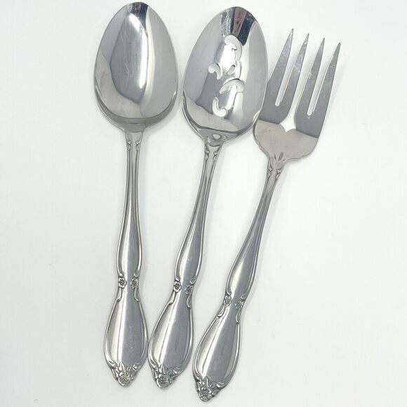 Oneida Community Chatelaine Glossy Serving Spoons Slotted Fork 8.25” Set Of 3 - Picture 1 of 8